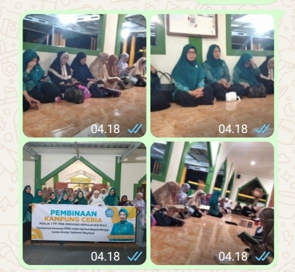 Dalam Rangka Mewujudkan Kampung CERIA ( Cerdas, Ekonomi, Rukun, Dan Aman  ) Pengurus Pkk Provinsi kepri Pokja 1 Bersama Pengurus BKMT Provinsi kepri Mengadakan Pembinaan Perdana Lewat Pengajian Ibu-ibu Kampung Karang Rejo Rt 01 Dimasjid Nurul Huda