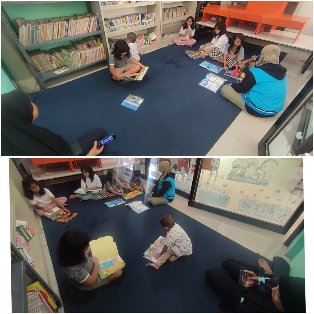 Anak anak sedang membaca buku yang di dampingi orang tuanya