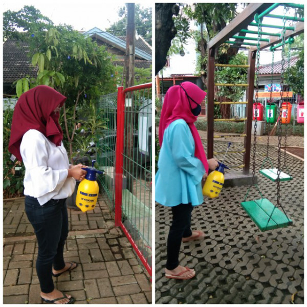 Penyemprotan Cairan Desinfektan Pengelola RPTRA Kampung Benda