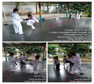Kegiatan latihan taekwondo dari Suku Dinas Pemuda dan Olahraga Kota Adm JP di lapangan Rptra kampung benda dengan pelatih Sabeum Erwin.