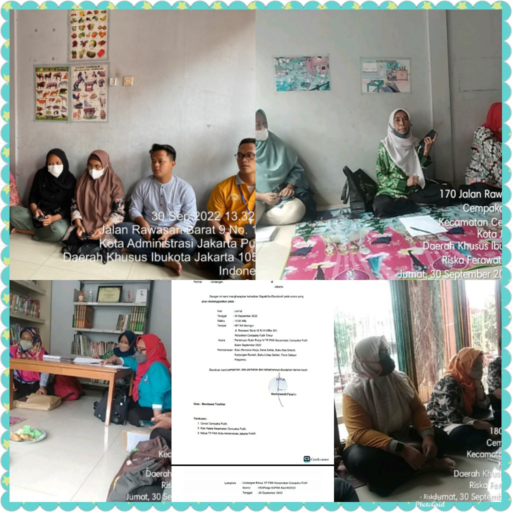 Kegiatan pengelola menghadiri Pertin Pokja IV PKK Kec Cpk  Pth yang di hadiri oleh ibu Dian, TP PKK Kota  JP, Ibu Anna, TP PKK Kec Cpk Pth, Wakil ketua dan pokja IV TP PKK Kel se Kec Cpk Pth di Ruang Perpustakaan Rptra Beringin