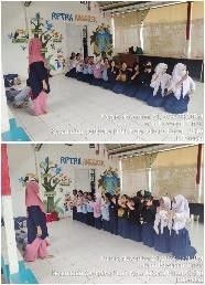 Kegiatan siswi SMPN 118 berlatih menari Saman diaula RPTRA Anggrek.