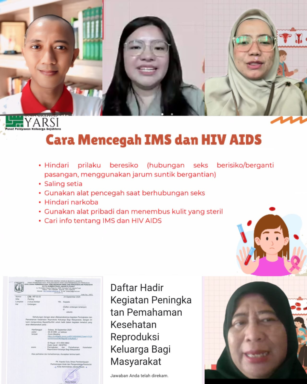 Zoom Meeting kegiatan peningkatan dan pemahaman kesehatan Reproduksi Keluarga bagi masyarakat bersama Sudin PPAPP JP di RPTRA Beringin.