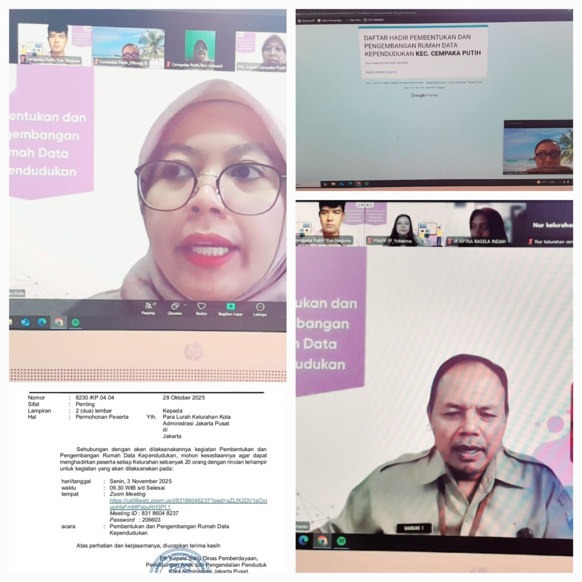 Zoom Meeting terkait Pembentukan dan Pengembangan Rumah Data Kependudukan yang diselenggarakan oleh Sudin PPAPP JP di RPTRA Beringin