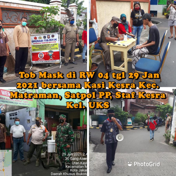 Operasi tertib masker di rw.004 bersama Staff Kasi Kesra kel.uks, Satpol PP, Kasi Kesra Kecamatan Matraman 29 Januari 2021