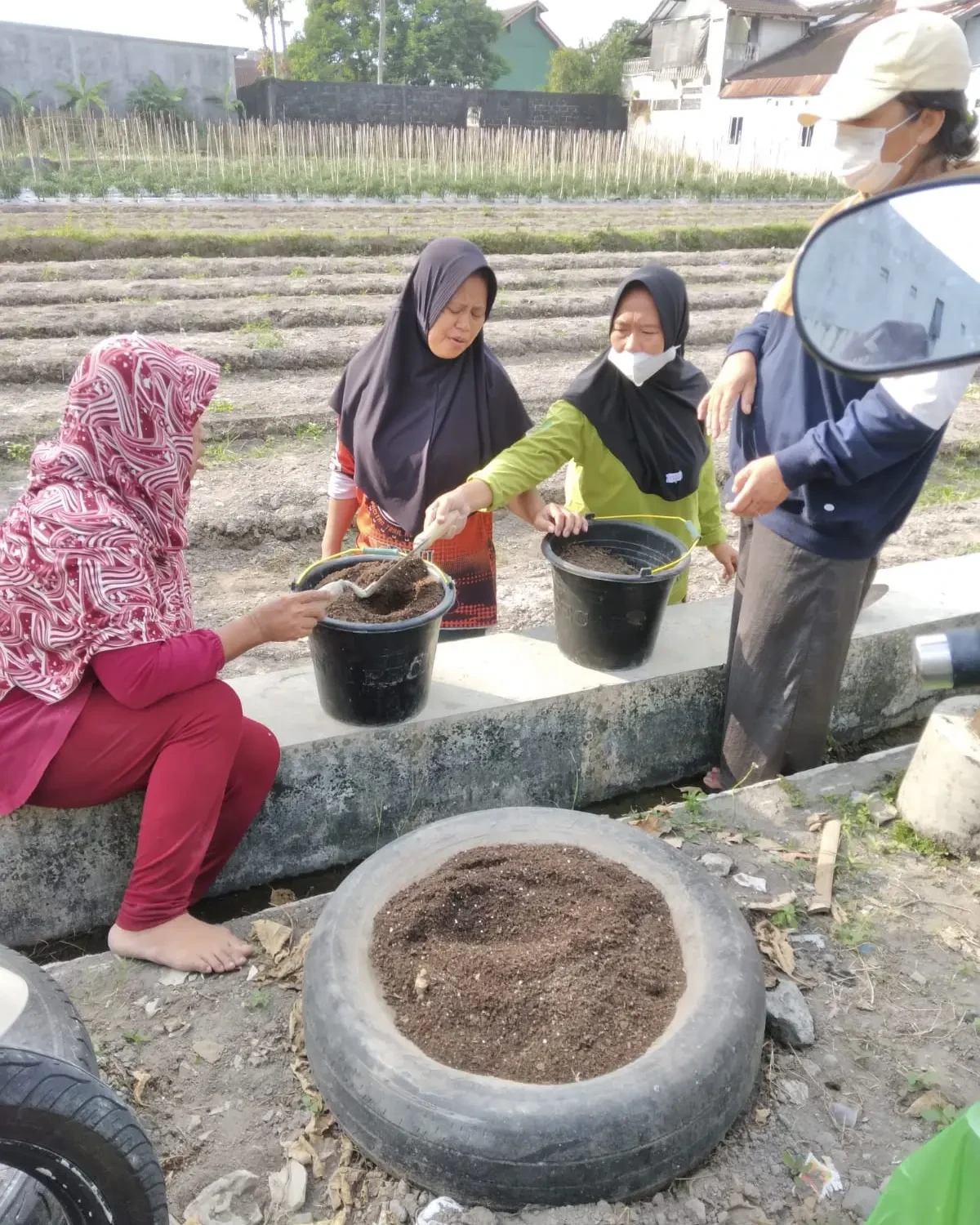 Piket pagi  KWT Gejayan, Rabu , 31/05/2023 , Jam: 07.00 -- Jam:08.30, nyampur bahan2 unntuk menanam sawi di ban bekas
