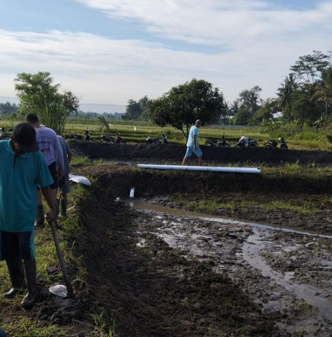Memasang pipa air di kolam  perikanan dusun Kwadungan