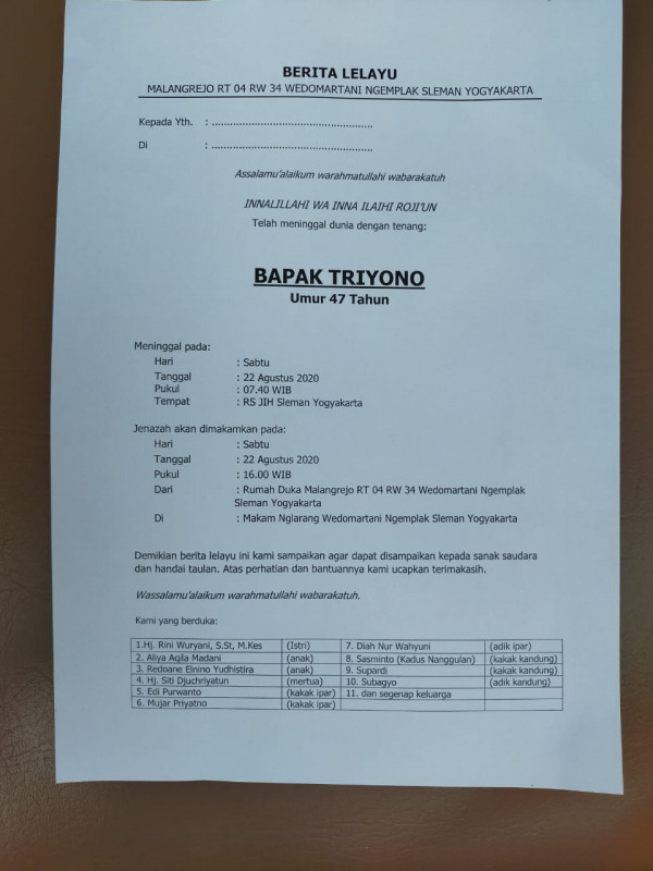 Berita lelayu dan identitas yang meninggal