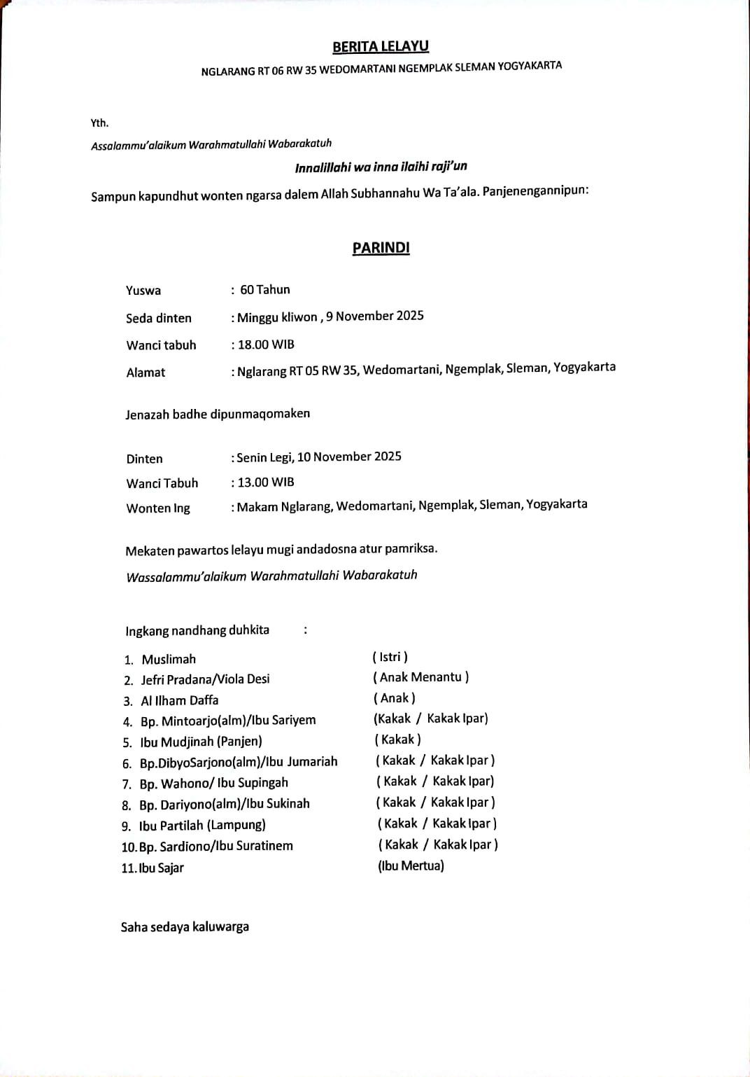 Meninggalnya Almarhum Bapak Parindi rt 5 rw 35 Padukuhan Malangrejo