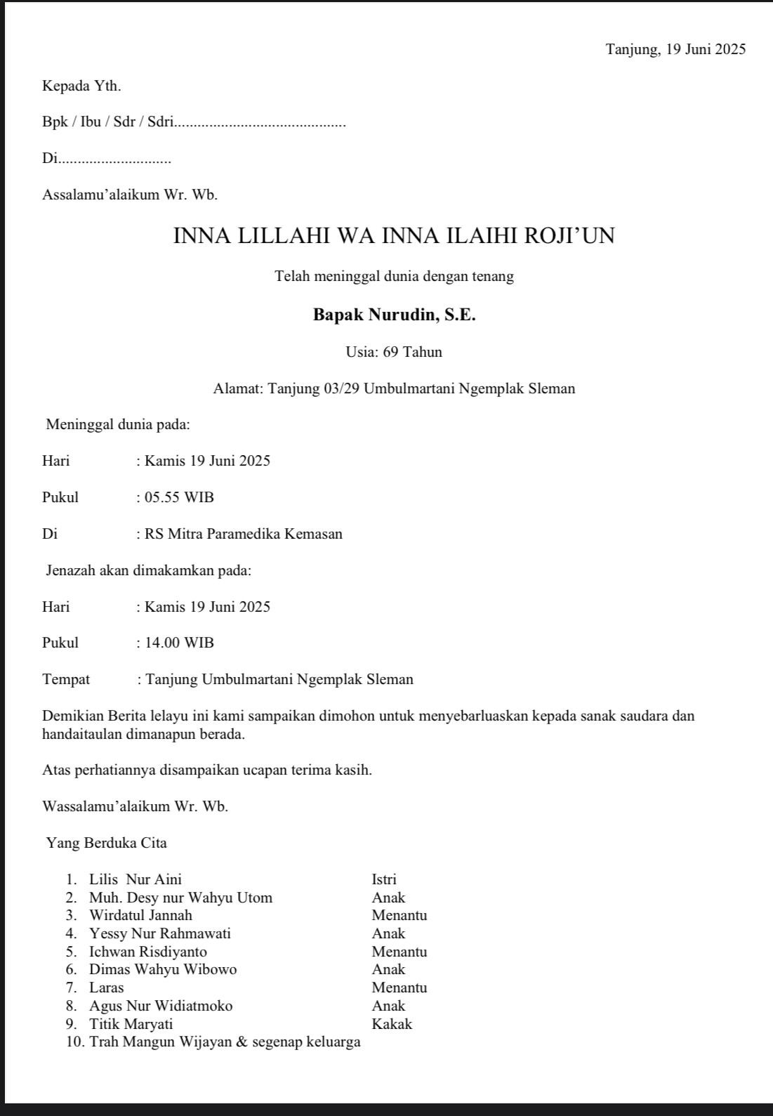 Takziah Meninggal salah satu warga Dusun Tanjung