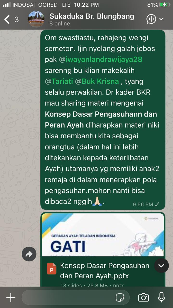 Kader BKR share materi di Grup Sukaduka Banjar Blungbang yang mana anggota grup semuanya Bapak-bapak